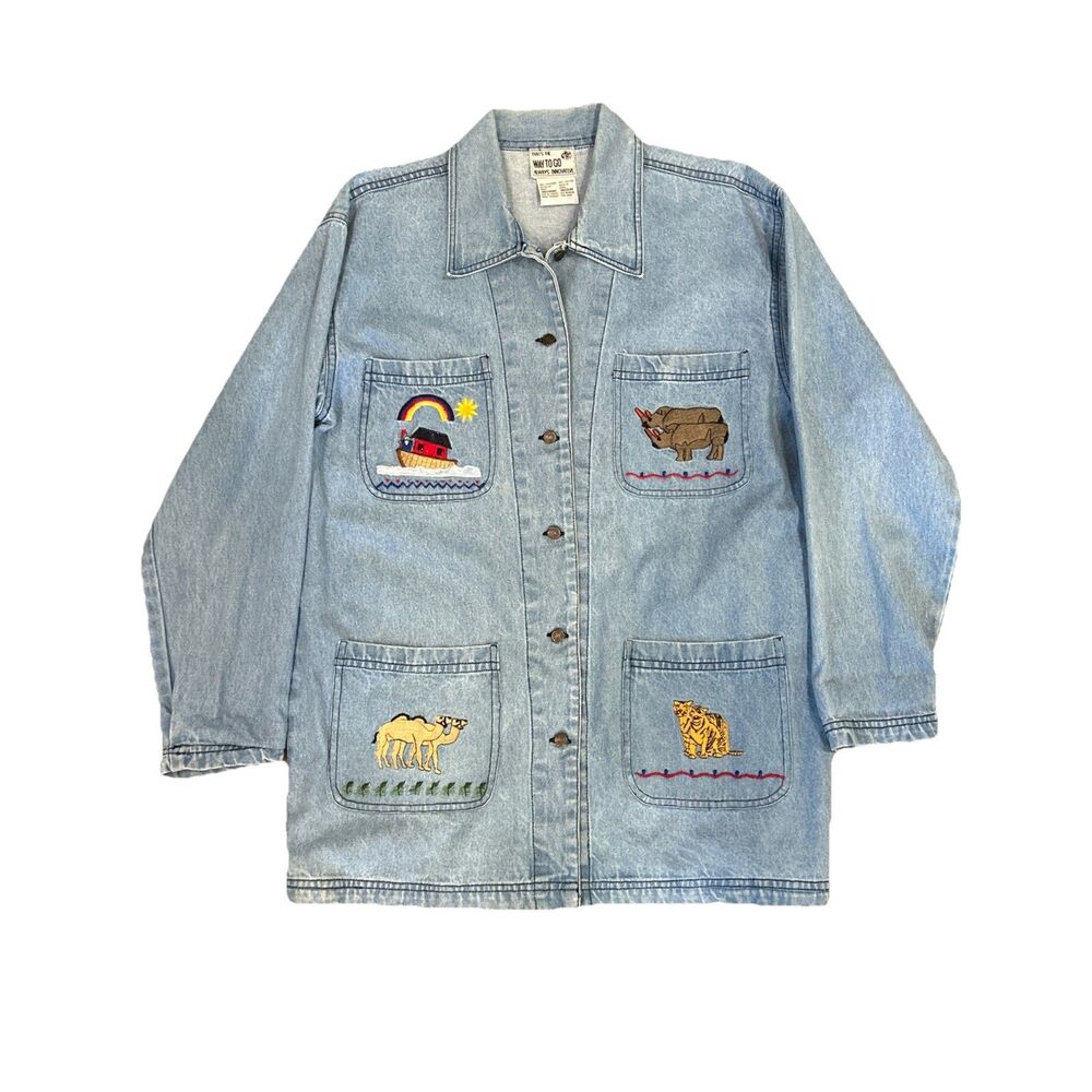Way To Go Noah's Ark Jean Shirt Jacket Women’s M  Blue Animals Embroidered